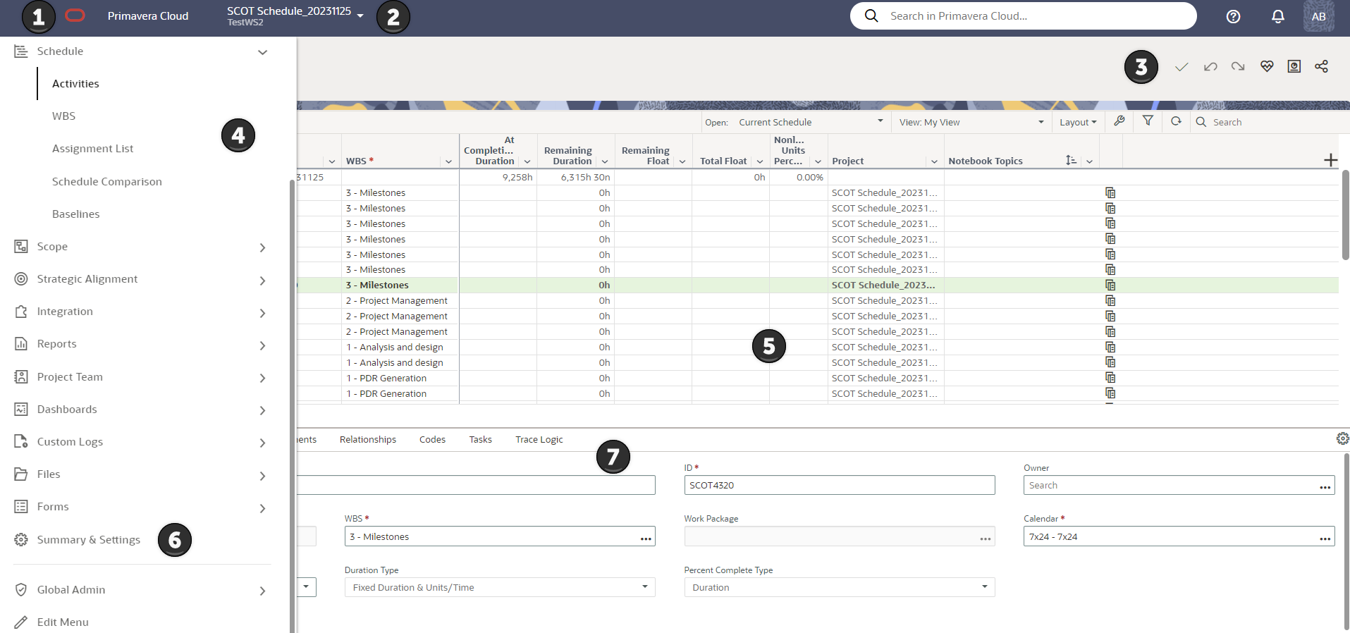 General navigation elements in the application. Labeled elements are described in the corresponding table of screen highlights.