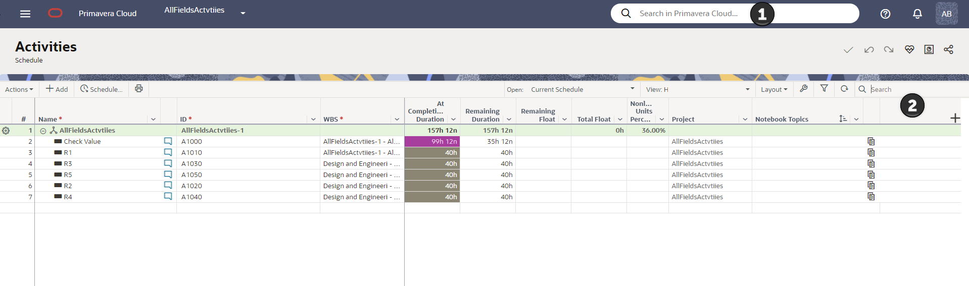 Search controls in Oracle Primavera Cloud. Labeled elements are described in the corresponding table of screen highlights.